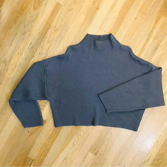 Zara Blue Gray Cropped Funnel Neck Drop Shoulder Sweater - Picture 7 of 12